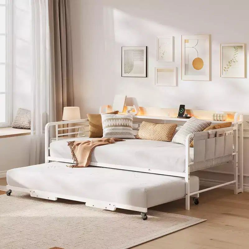 Divano Letto Singolo Coolmee con Letto Estraibile, Testiera Contenitore + Stazione di Ricarica e Borse Extra, Robusto Divano Letto per Soggiorno e Camera degli Ospiti