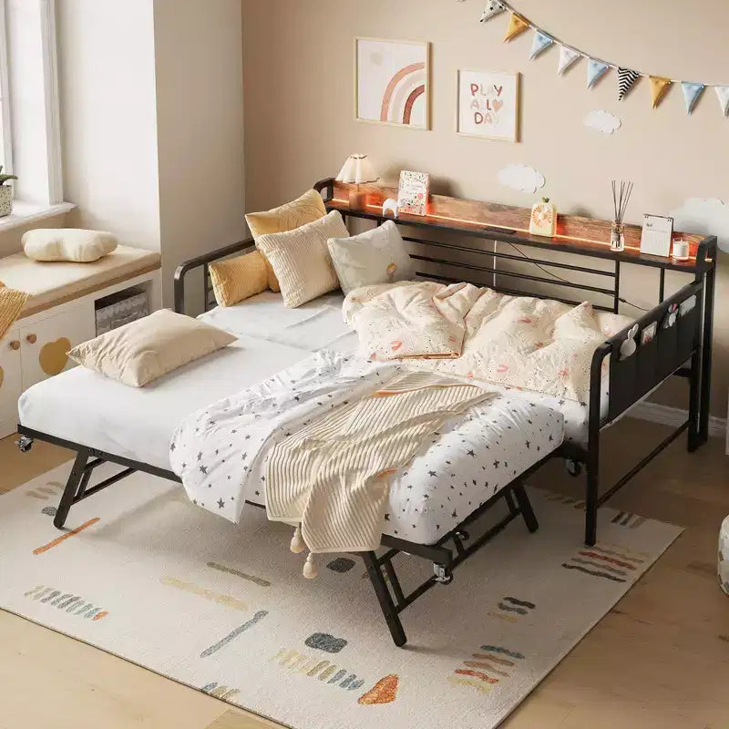 Divano Letto Singolo Coolmee con Letto Estraibile, Testiera Contenitore + Stazione di Ricarica e Borse Extra, Robusto Divano Letto per Soggiorno e Camera degli Ospiti