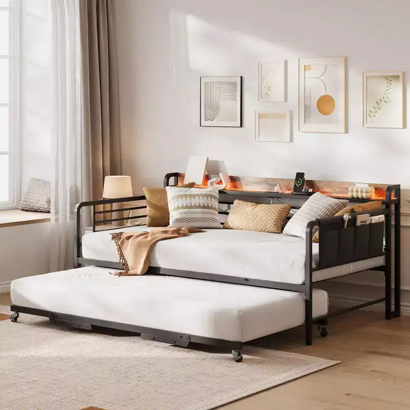 Divano Letto Singolo Coolmee con Letto Estraibile, Testiera Contenitore + Stazione di Ricarica e Borse Extra, Robusto Divano Letto per Soggiorno e Camera degli Ospiti