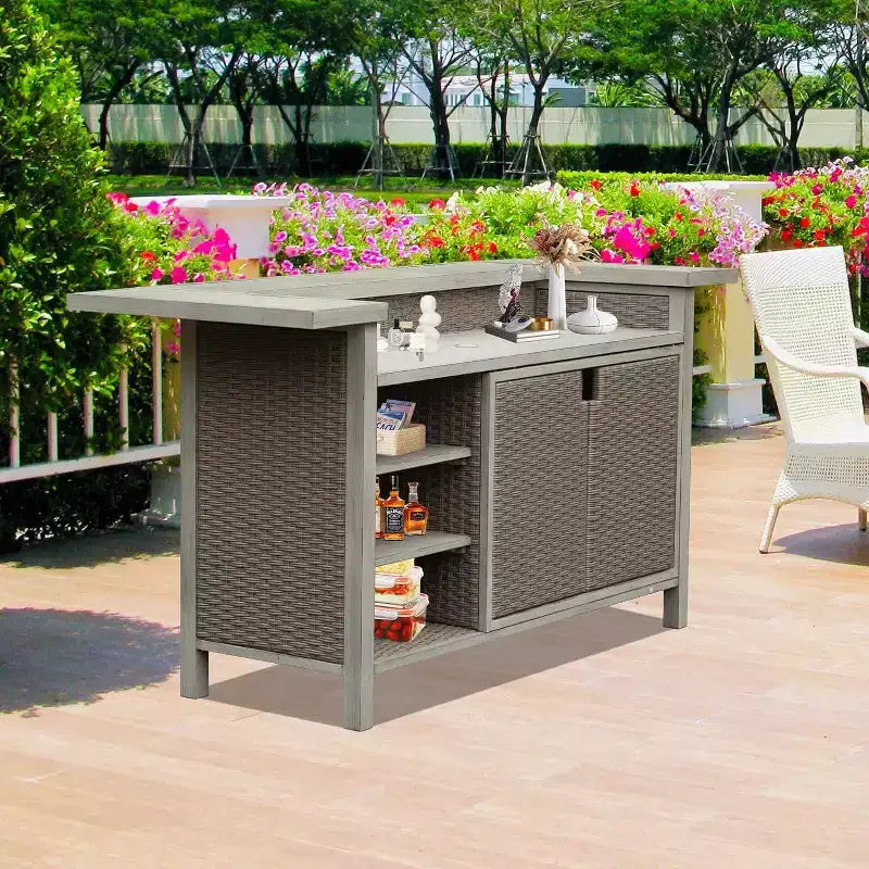 GDFStudio Wioletta Tavolo Bar in Alluminio e Rattan da Esterno Stile Rustico con Armadietto