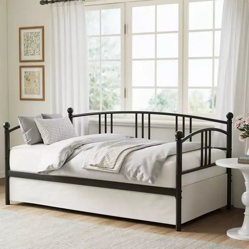 Divano letto con rotelle estraibili, Struttura letto in metallo robusto con supporto a doghe in acciaio, Letto estraibile singolo con testiera ad arco, Divano letto per soggiorno, camera da letto