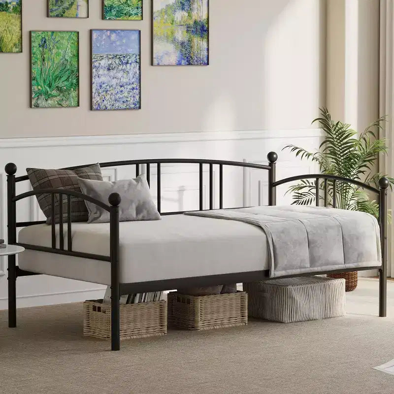 Divano letto con rotelle estraibili, Struttura letto in metallo robusto con supporto a doghe in acciaio, Letto estraibile singolo con testiera ad arco, Divano letto per soggiorno, camera da letto