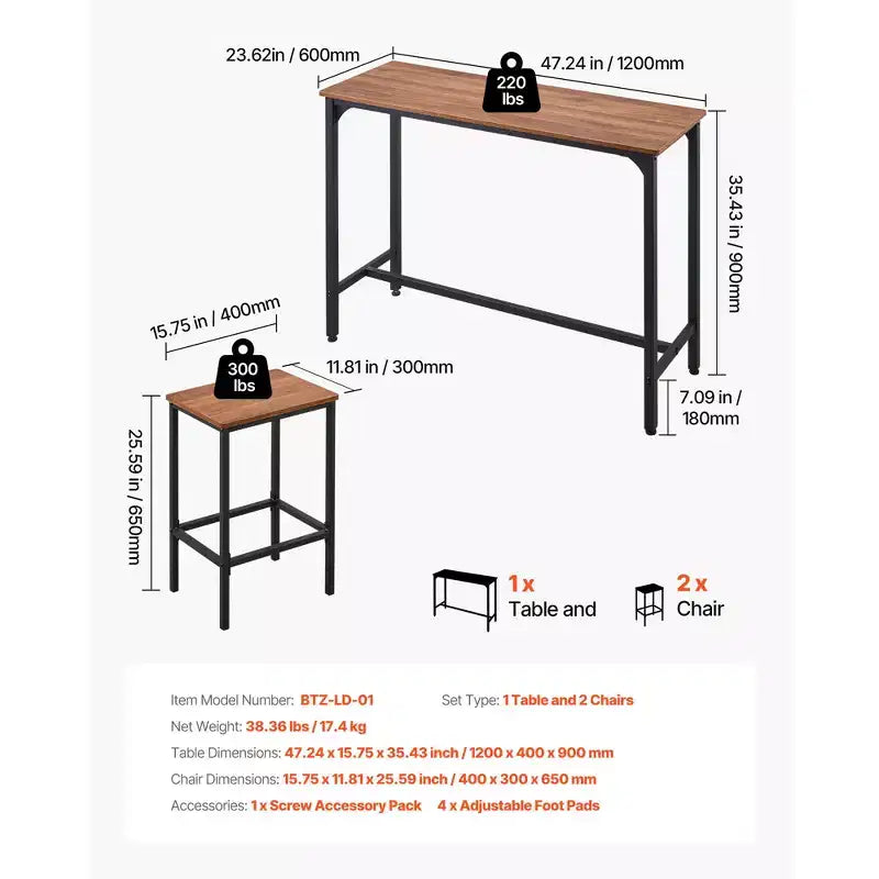 VEVOR Tavolo da Bar, Set da 3 Pezzi con 47 Tavoli da Bar, Set Tavoli e Sedie da Bar con Design a Bordo Arrotondato, Tavolo da Pub Rettangolare con Due Sgabelli, Multicolore