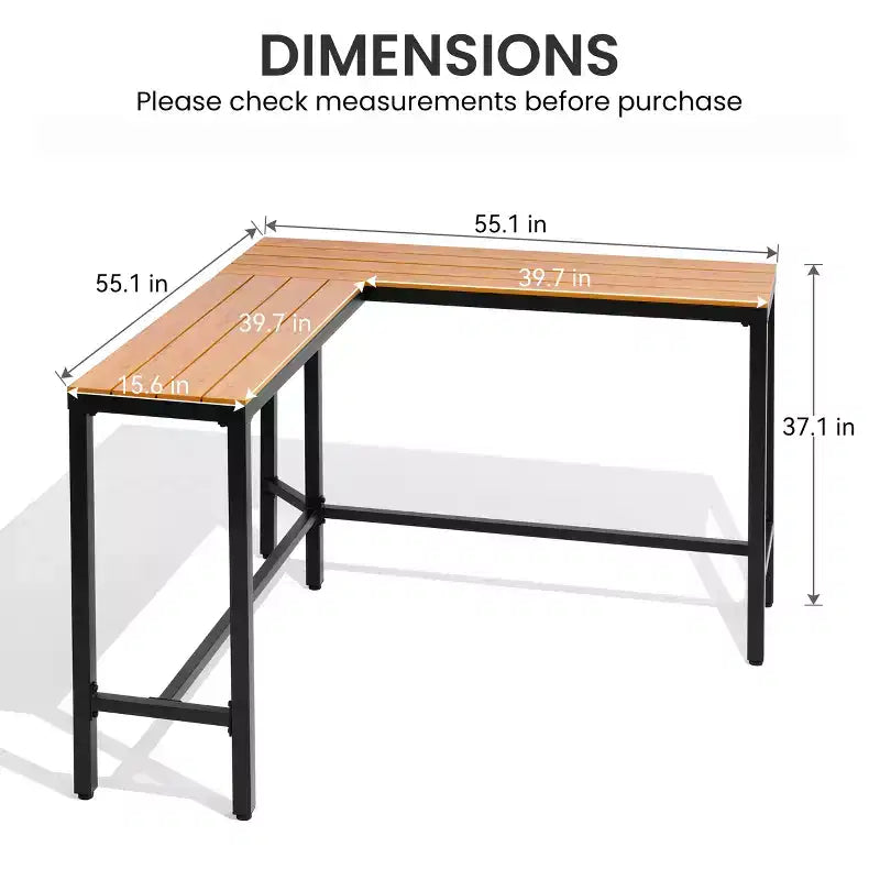 Crestlive Products Tavolo da bar a L da esterno da 55,1 pollici Tavolo da patio rettangolare ad altezza bancone con piano impermeabile e robusto telaio in metallo