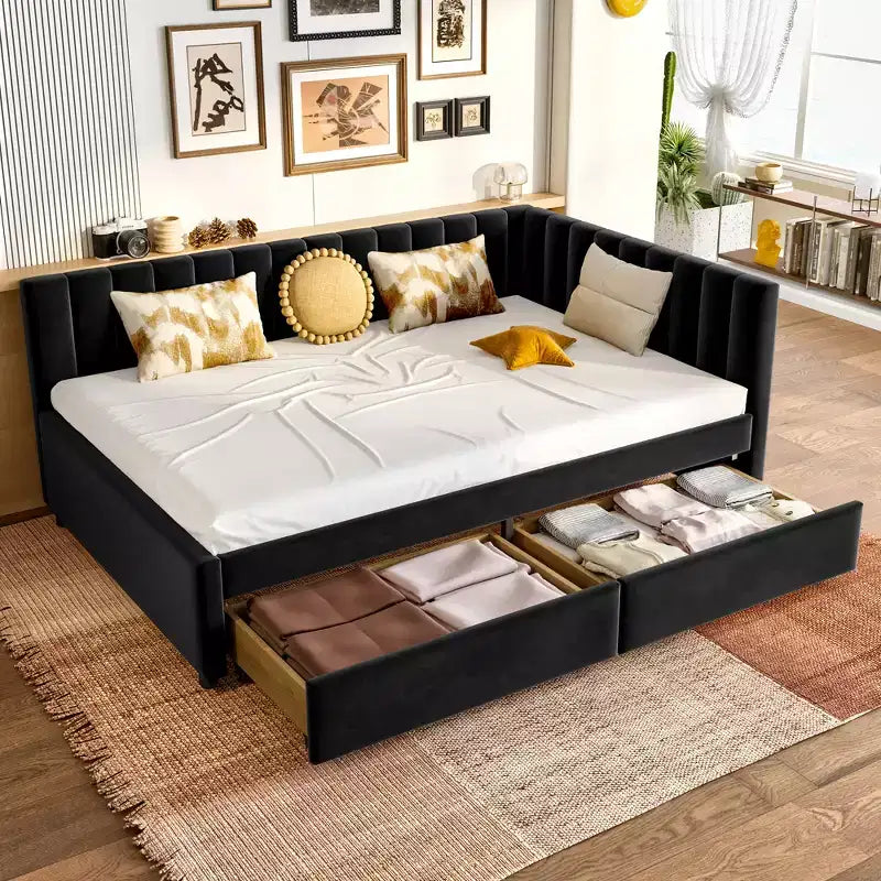 GDFStudio Kitto Modern Full Size Velvet Upholstered Daybed with Storage Drawers