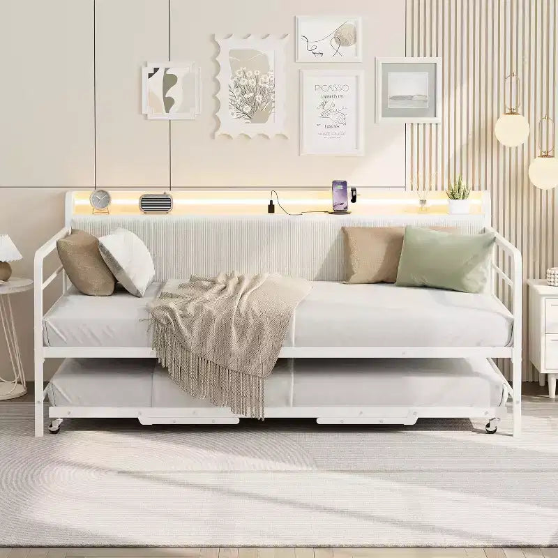 Struttura letto matrimoniale, testiera imbottita in velluto a coste con contenitore, divano letto in metallo resistente, letto estraibile a scomparsa, adatto per soggiorno e camera da letto