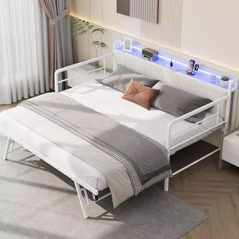 Struttura letto matrimoniale, testiera imbottita in velluto a coste con contenitore, divano letto in metallo resistente, letto estraibile a scomparsa, adatto per soggiorno e camera da letto