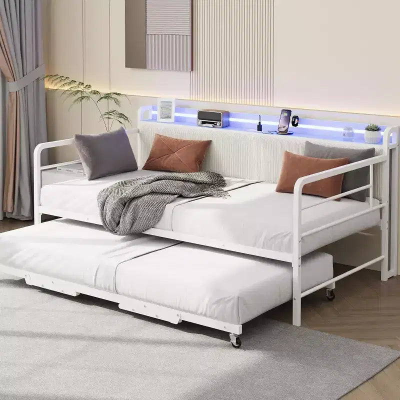 Struttura letto matrimoniale, testiera imbottita in velluto a coste con contenitore, divano letto in metallo resistente, letto estraibile a scomparsa, adatto per soggiorno e camera da letto