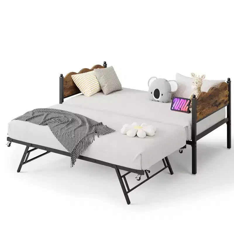 Divano Letto con Rete Estraibile, Divano Letto Singolo con Supporto a Doghe in Metallo e Ruote Bloccabili, Testiera Ondulata con Venature del Legno, Divano Letto Salvaspazio
