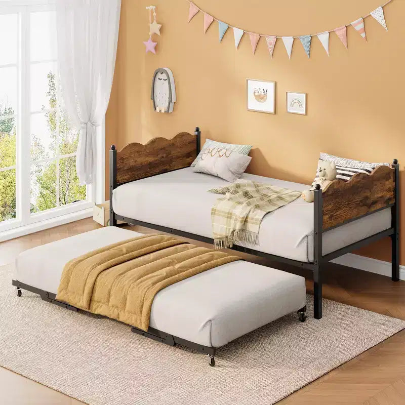 Divano Letto con Rete Estraibile, Divano Letto Singolo con Supporto a Doghe in Metallo e Ruote Bloccabili, Testiera Ondulata con Venature del Legno, Divano Letto Salvaspazio