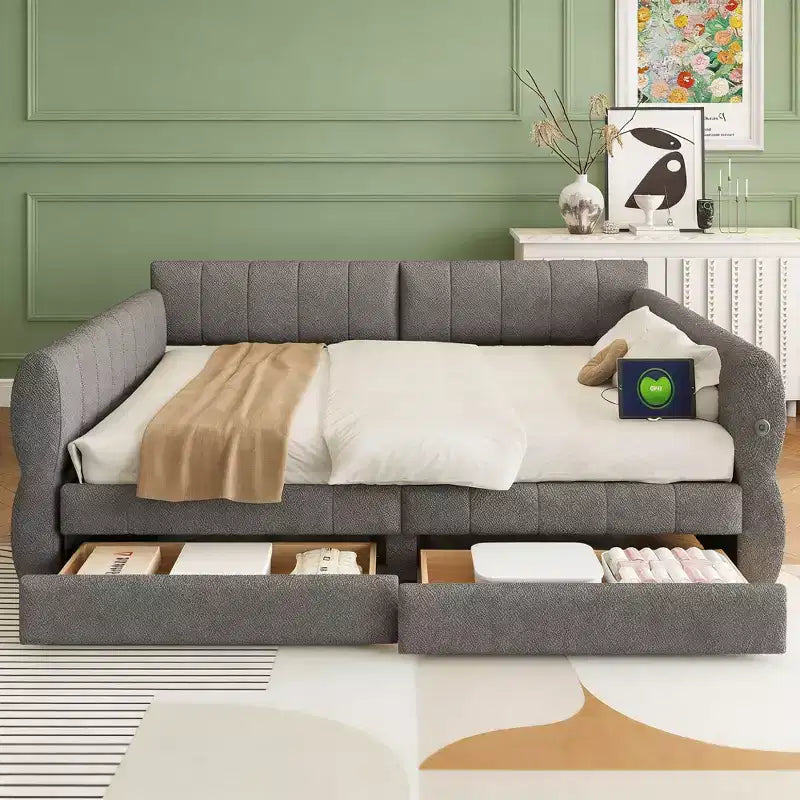 Luxystar Letto a giorno moderno Queen in lana d'agnello imbottito con 2 cassetti