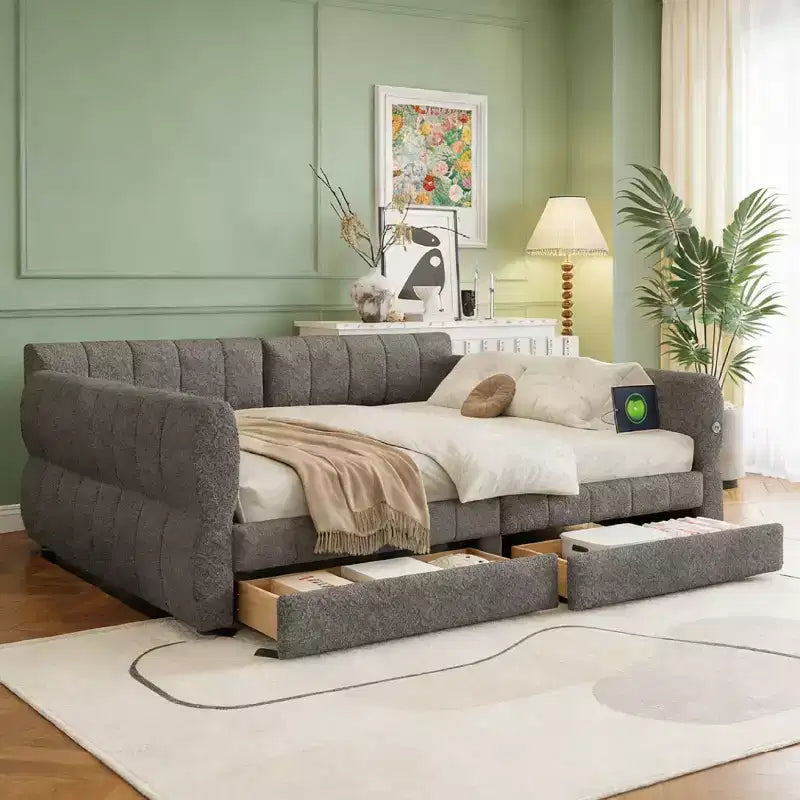 Luxystar Modern Queen Lambswool Upholstered Daybed with 2 Drawers