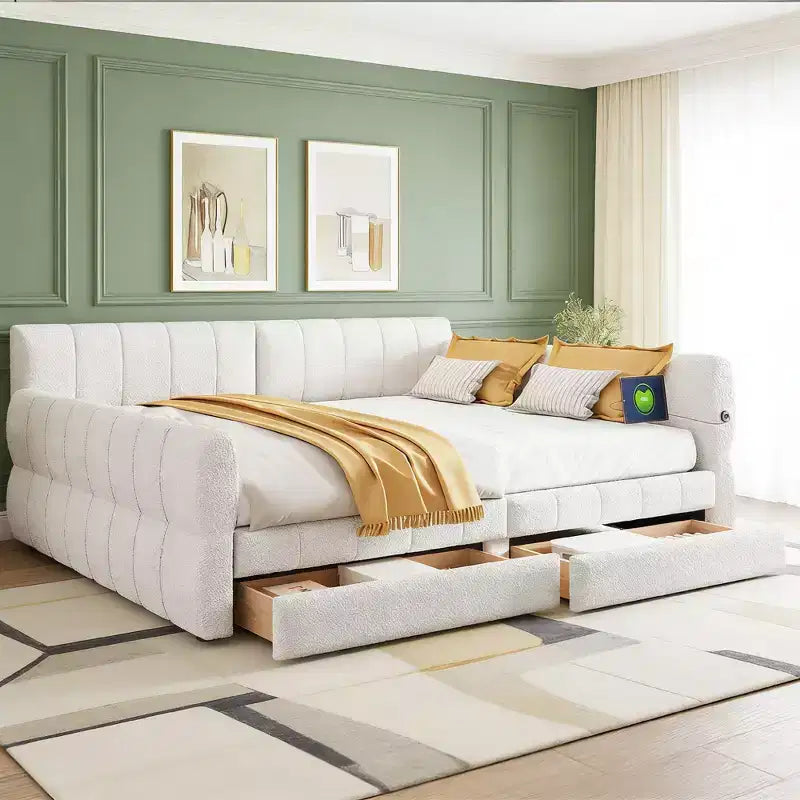 Luxystar Letto a giorno moderno Queen in lana d'agnello imbottito con 2 cassetti