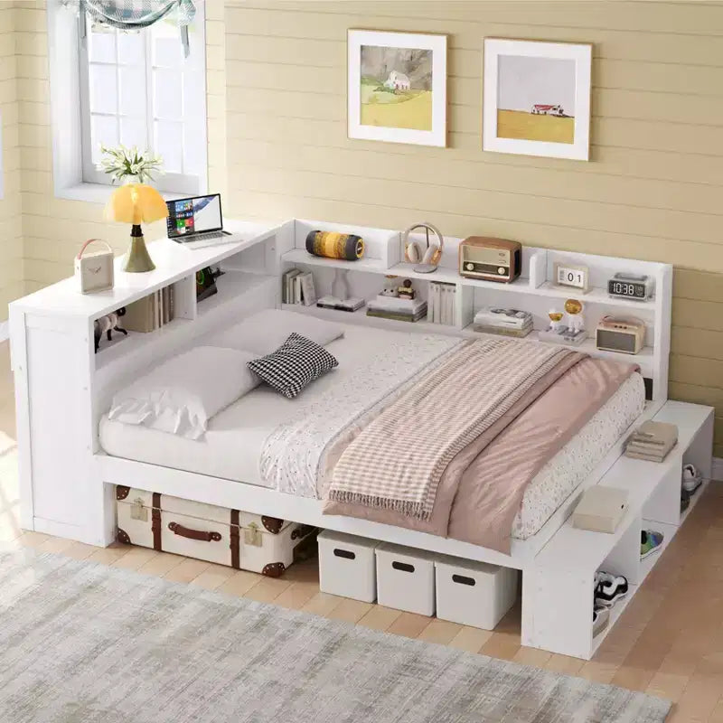 Struttura per letto a giorno Whisen Full in legno massello con armadietti, scarpiera