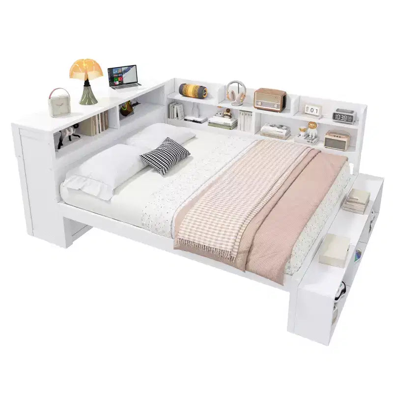 Struttura per letto a giorno Whisen Full in legno massello con armadietti, scarpiera