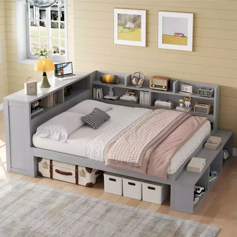Struttura per letto a giorno Whisen Full in legno massello con armadietti, scarpiera