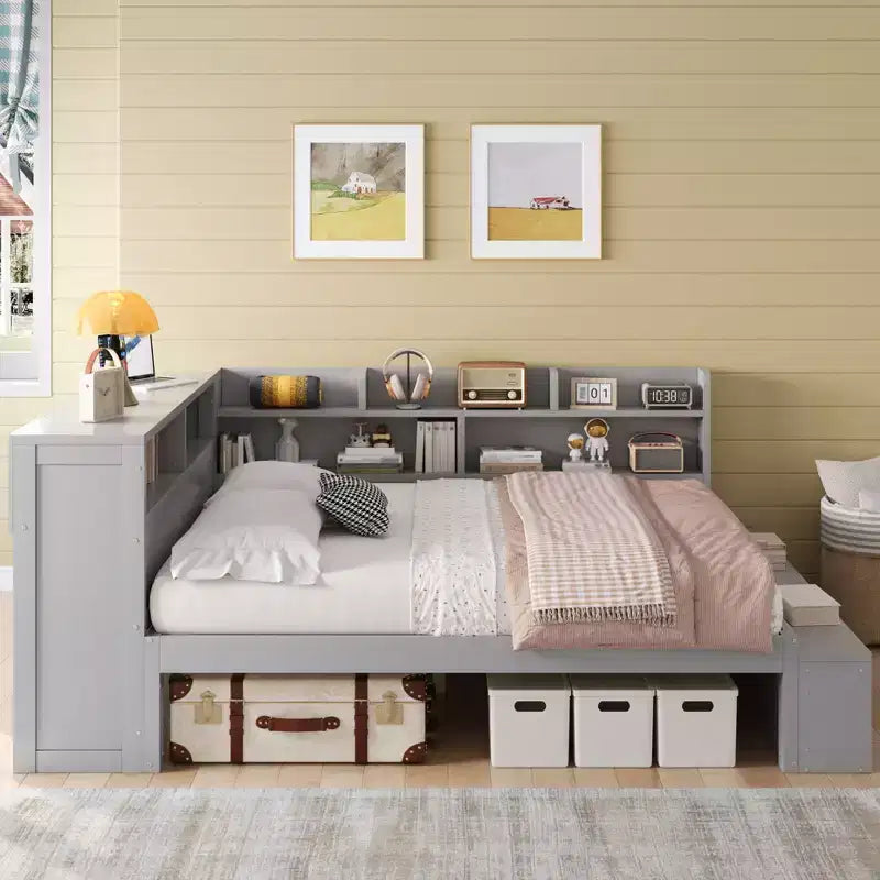 Struttura per letto a giorno Whisen Full in legno massello con armadietti, scarpiera