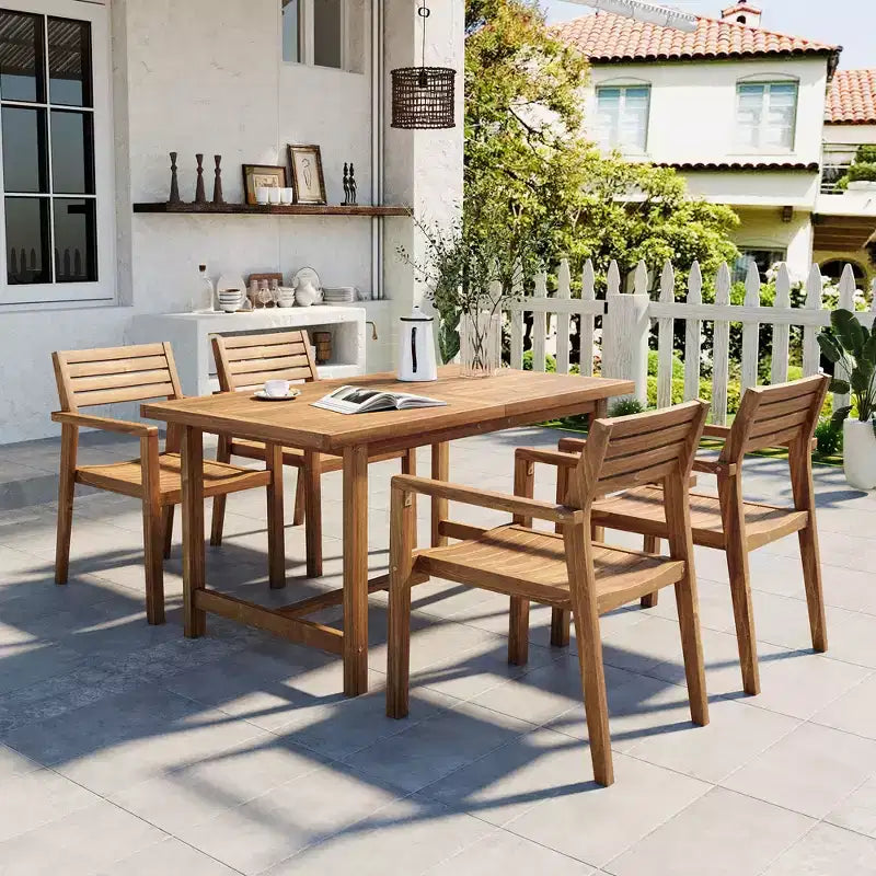 GDFStudio Lena Set da pranzo da esterno 5 pezzi in legno di acacia con tavolo rettangolare da 150 cm e foro per ombrellone