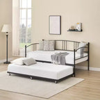 Twin Daybed with Trundle, Metal Frame Day Bed with Steel Slat Support, Arched Headboard, Versatile Sofa Bed for Bedroom, Living Room, or Guest Room