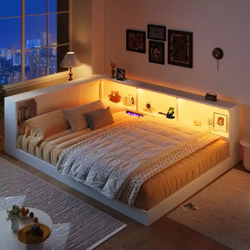 Divano letto in legno Queen Size ModernLuxe con mensole portaoggetti, Struttura letto a piattaforma moderna con USB e LED
