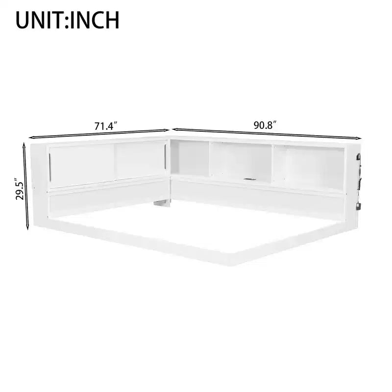 Divano letto in legno Queen Size ModernLuxe con mensole portaoggetti, Struttura letto a piattaforma moderna con USB e LED