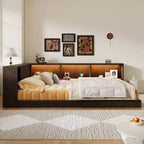 Divano letto in legno Queen Size ModernLuxe con mensole portaoggetti, Struttura letto a piattaforma moderna con USB e LED