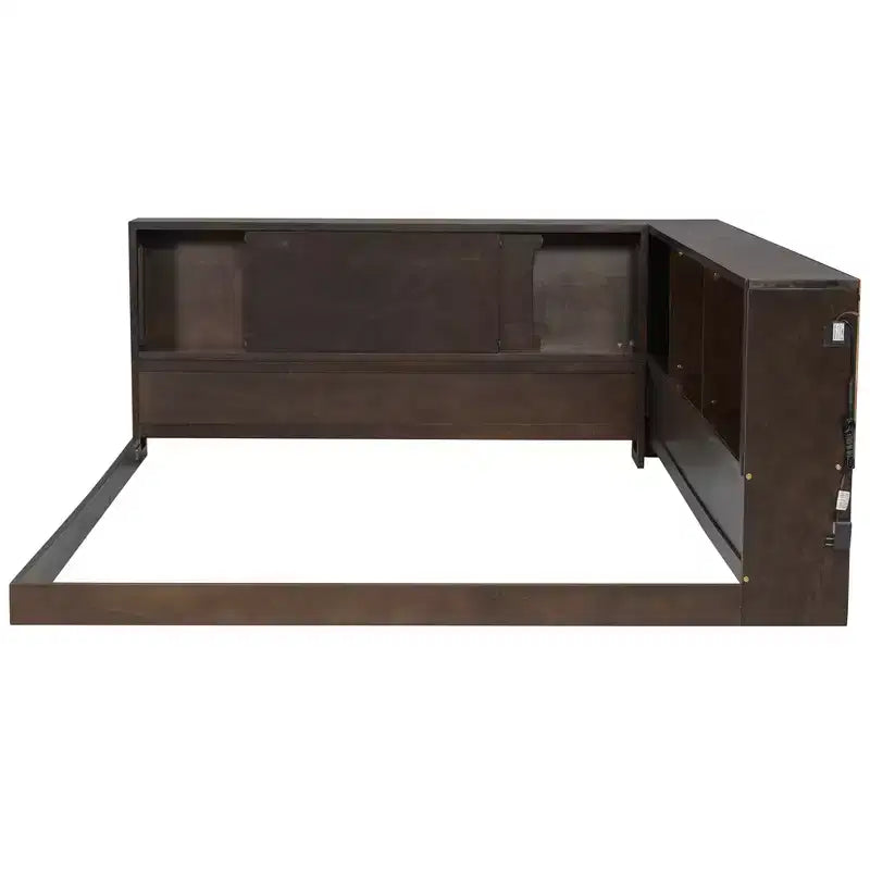 Divano letto in legno Queen Size ModernLuxe con mensole portaoggetti, Struttura letto a piattaforma moderna con USB e LED