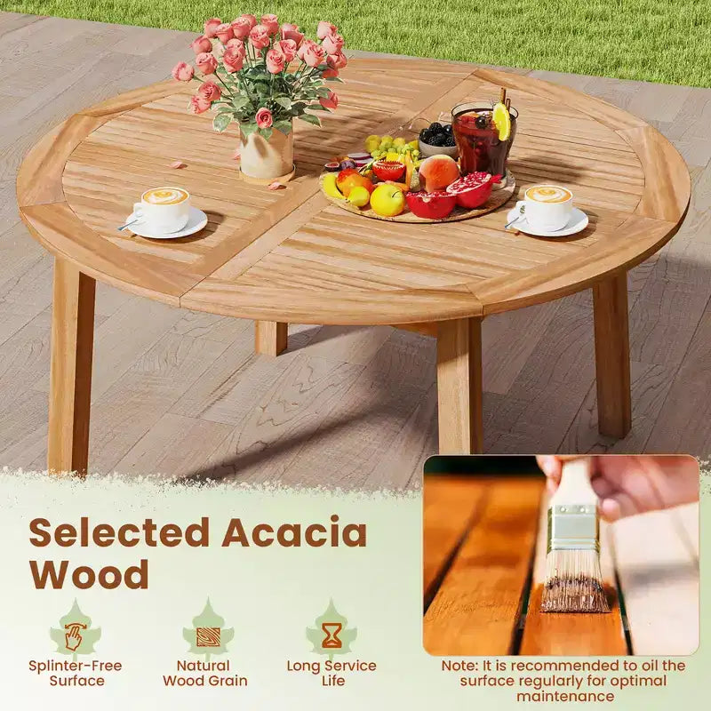 Costway Tavolo da Pranzo Rotondo da Esterno in Legno di Acacia con 2 Fori per Ombrellone