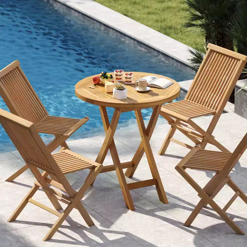Tavolo da pranzo rotondo da 27,5 pollici in legno di teak per esterni Costway con piano a doghe