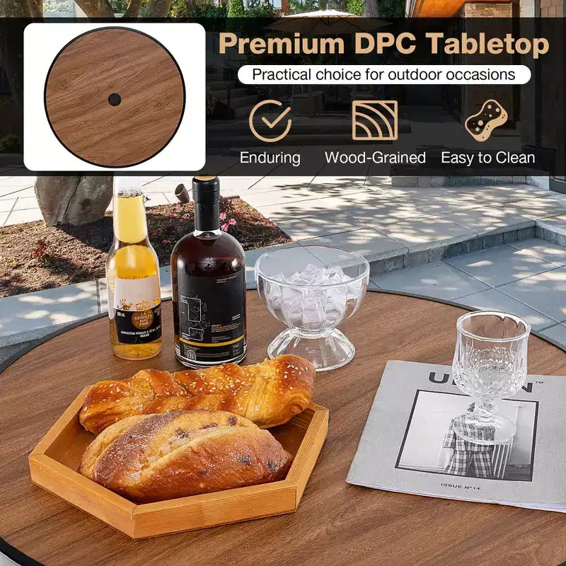 Costway Tavolino da Bar per Esterni da 71 cm con Piano Effetto Legno, Foro per Ombrellone e Poggiapiedi per Giardino