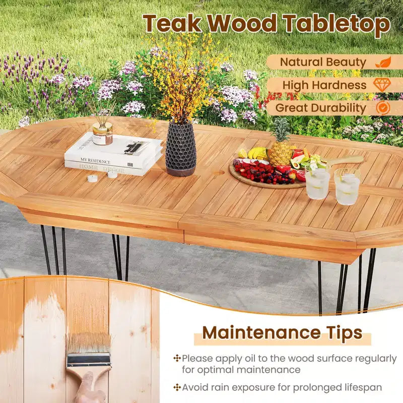 Tavolo da pranzo da esterno Costway 71 per 6 persone, grande, ovale con ripiano in legno di teak
