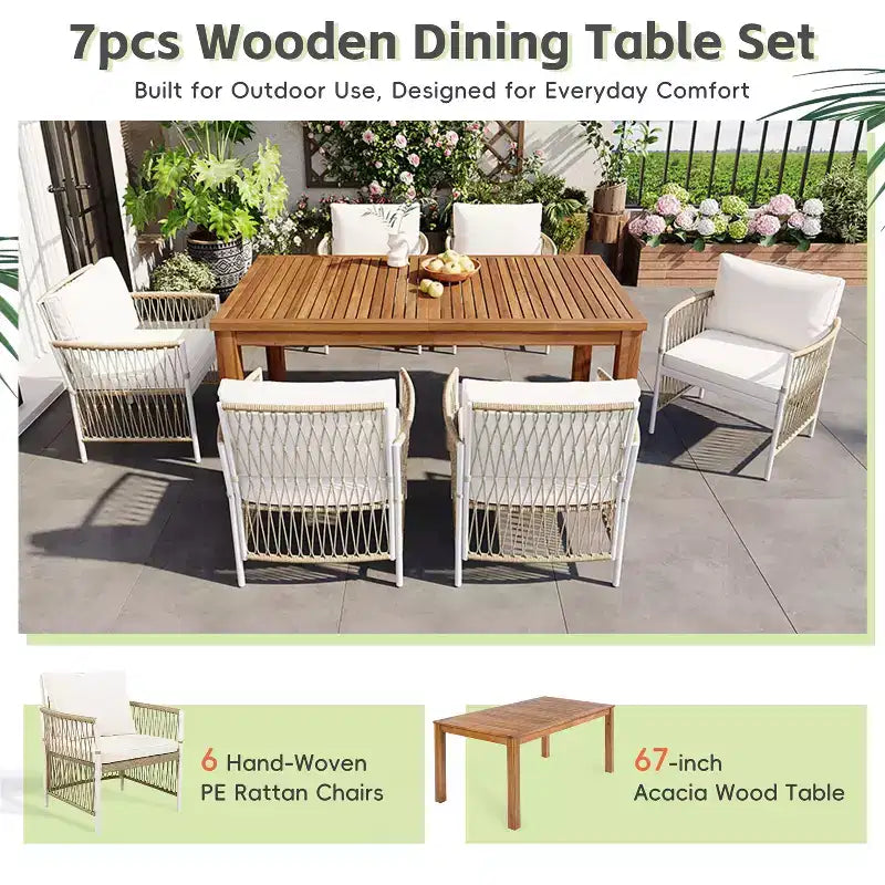 Set da pranzo da esterno 5/7 pz Mobili da pranzo da patio con 4/6 sedie a sdraio in rattan e tavolo in legno di acacia resistente alle intemperie, naturale - ModernLuxe