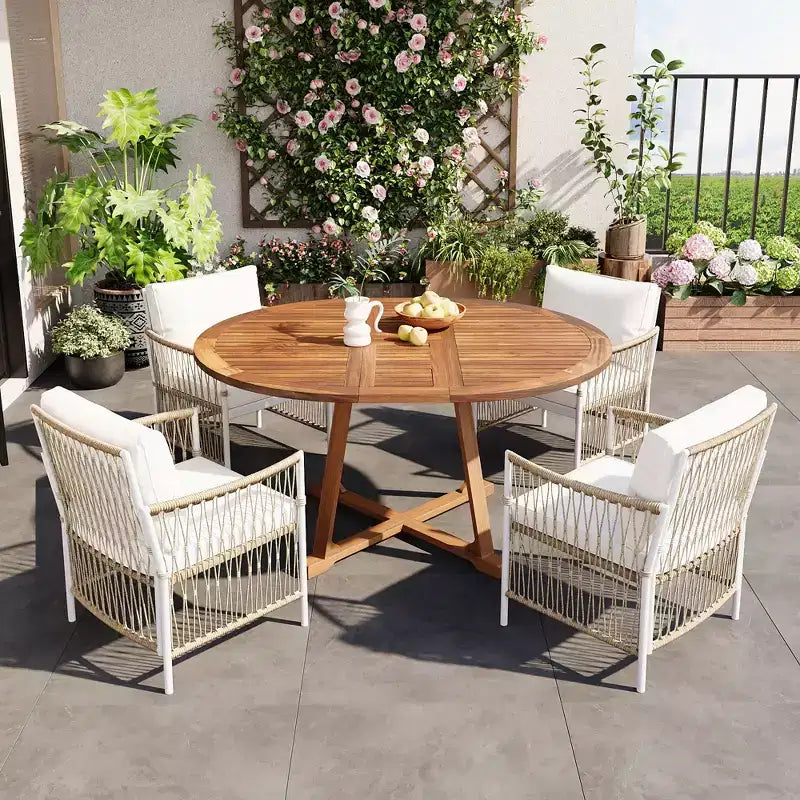 Set da pranzo da esterno 5/7 pz Mobili da pranzo da patio con 4/6 sedie a sdraio in rattan e tavolo in legno di acacia resistente alle intemperie, naturale - ModernLuxe