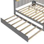 Letto a giorno angolare full size con ripiani contenitori e letto estraibile, letto angolare in legno con stazione di ricarica e luce LED, scrivania e testiera e schienale imbottiti