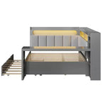 Letto a giorno angolare full size con ripiani contenitori e letto estraibile, letto angolare in legno con stazione di ricarica e luce LED, scrivania e testiera e schienale imbottiti