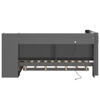 Letto a giorno angolare full size con ripiani contenitori e letto estraibile, letto angolare in legno con stazione di ricarica e luce LED, scrivania e testiera e schienale imbottiti