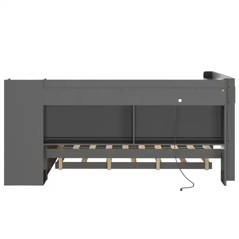 Letto a giorno angolare full size con ripiani contenitori e letto estraibile, letto angolare in legno con stazione di ricarica e luce LED, scrivania e testiera e schienale imbottiti