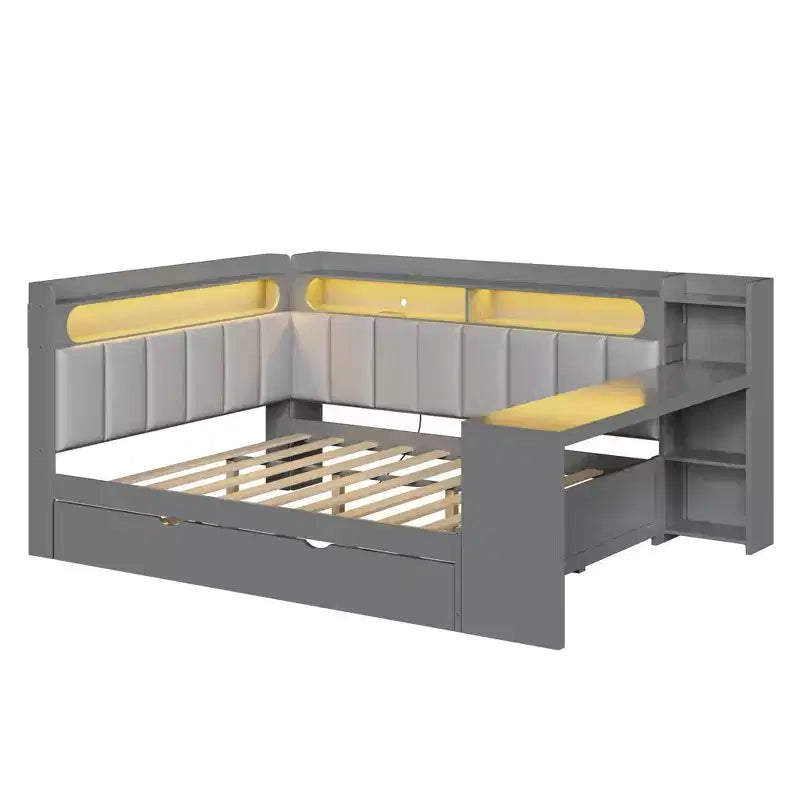 Letto a giorno angolare full size con ripiani contenitori e letto estraibile, letto angolare in legno con stazione di ricarica e luce LED, scrivania e testiera e schienale imbottiti