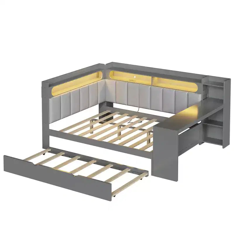 Letto a giorno angolare full size con ripiani contenitori e letto estraibile, letto angolare in legno con stazione di ricarica e luce LED, scrivania e testiera e schienale imbottiti