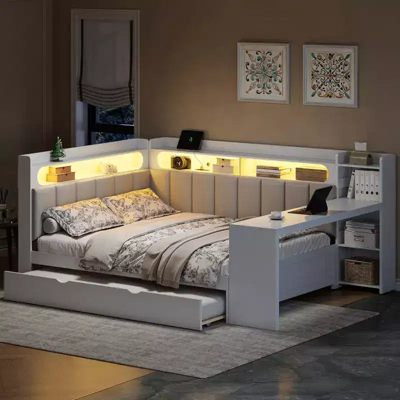 Letto a giorno angolare full size con ripiani contenitori e letto estraibile, letto angolare in legno con stazione di ricarica e luce LED, scrivania e testiera e schienale imbottiti