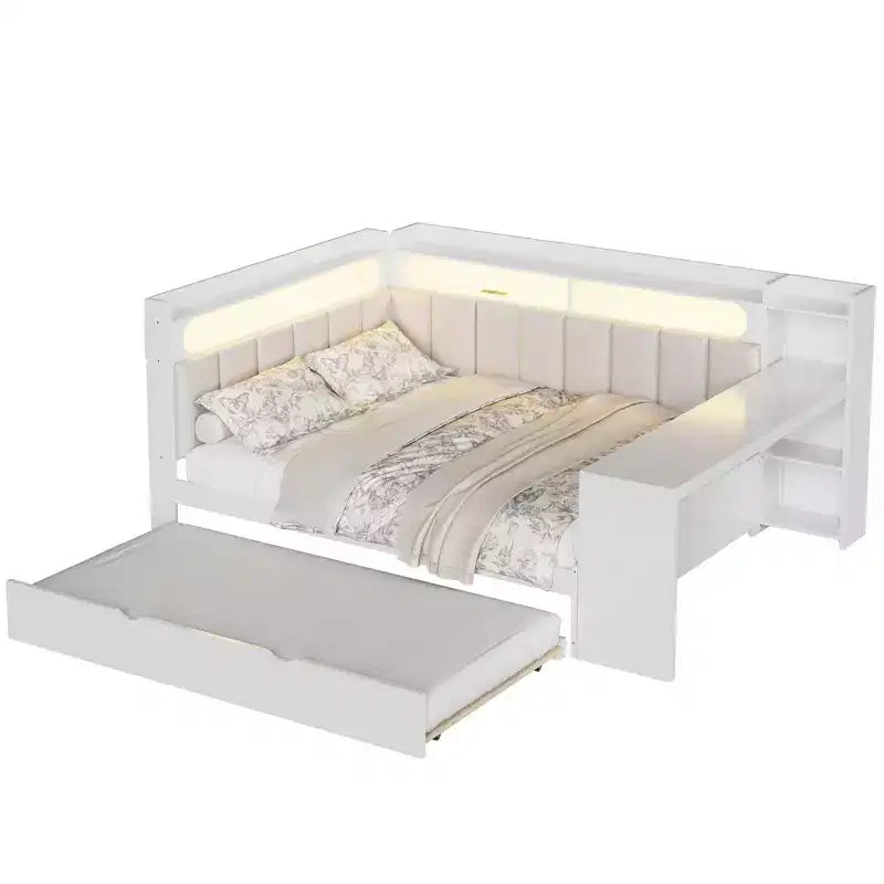 Letto a giorno angolare full size con ripiani contenitori e letto estraibile, letto angolare in legno con stazione di ricarica e luce LED, scrivania e testiera e schienale imbottiti