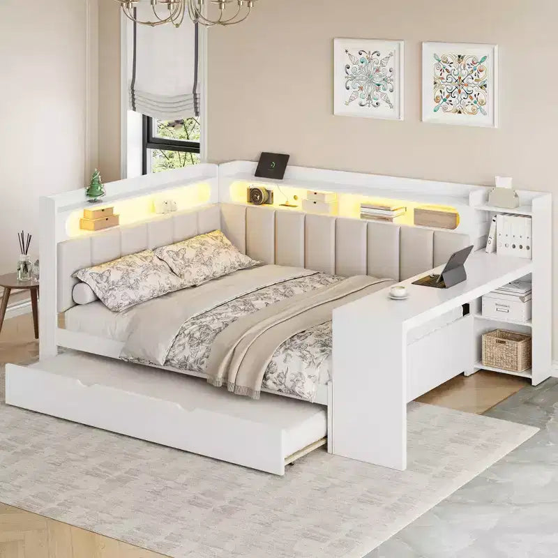 Letto a giorno angolare full size con ripiani contenitori e letto estraibile, letto angolare in legno con stazione di ricarica e luce LED, scrivania e testiera e schienale imbottiti