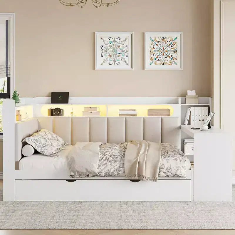 Letto a giorno angolare full size con ripiani contenitori e letto estraibile, letto angolare in legno con stazione di ricarica e luce LED, scrivania e testiera e schienale imbottiti