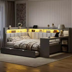 Letto a giorno angolare full size con ripiani contenitori e letto estraibile, letto angolare in legno con stazione di ricarica e luce LED, scrivania e testiera e schienale imbottiti