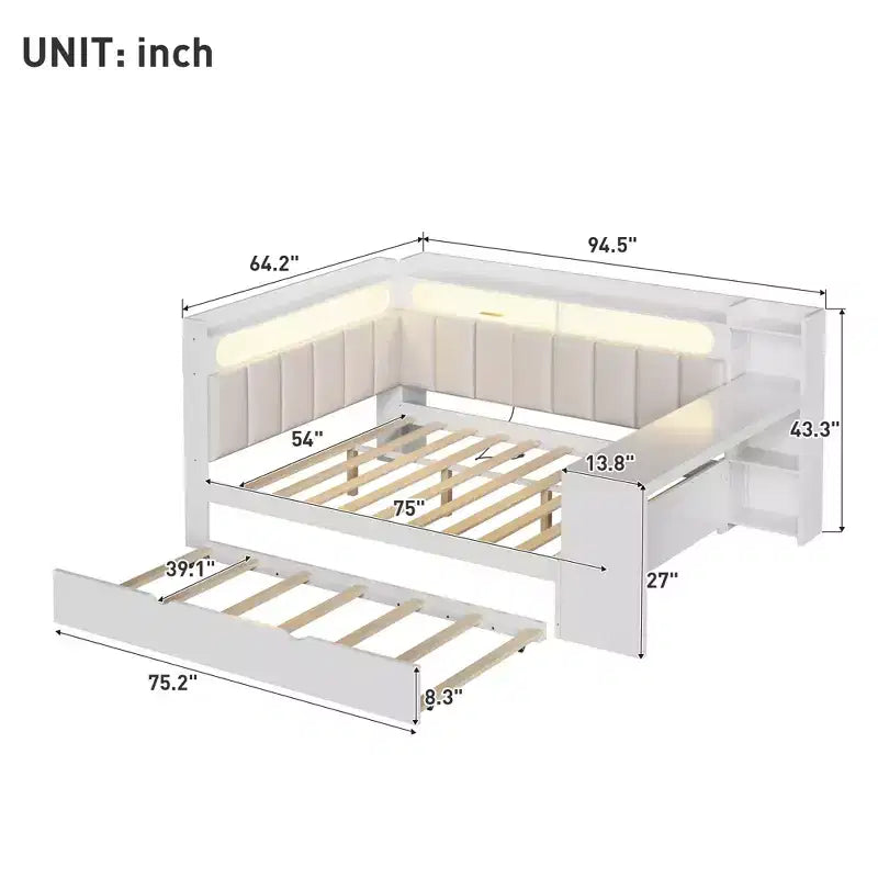 Letto a giorno angolare full size con ripiani contenitori e letto estraibile, letto angolare in legno con stazione di ricarica e luce LED, scrivania e testiera e schienale imbottiti