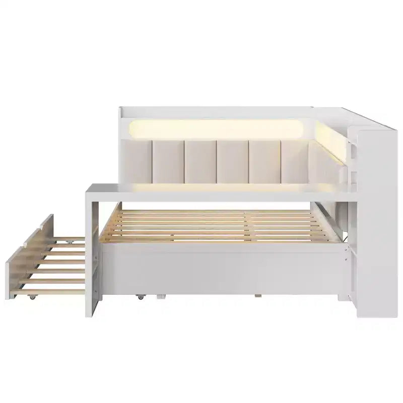 Letto a giorno angolare full size con ripiani contenitori e letto estraibile, letto angolare in legno con stazione di ricarica e luce LED, scrivania e testiera e schienale imbottiti