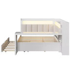 Letto a giorno angolare full size con ripiani contenitori e letto estraibile, letto angolare in legno con stazione di ricarica e luce LED, scrivania e testiera e schienale imbottiti