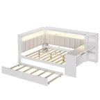Letto a giorno angolare full size con ripiani contenitori e letto estraibile, letto angolare in legno con stazione di ricarica e luce LED, scrivania e testiera e schienale imbottiti