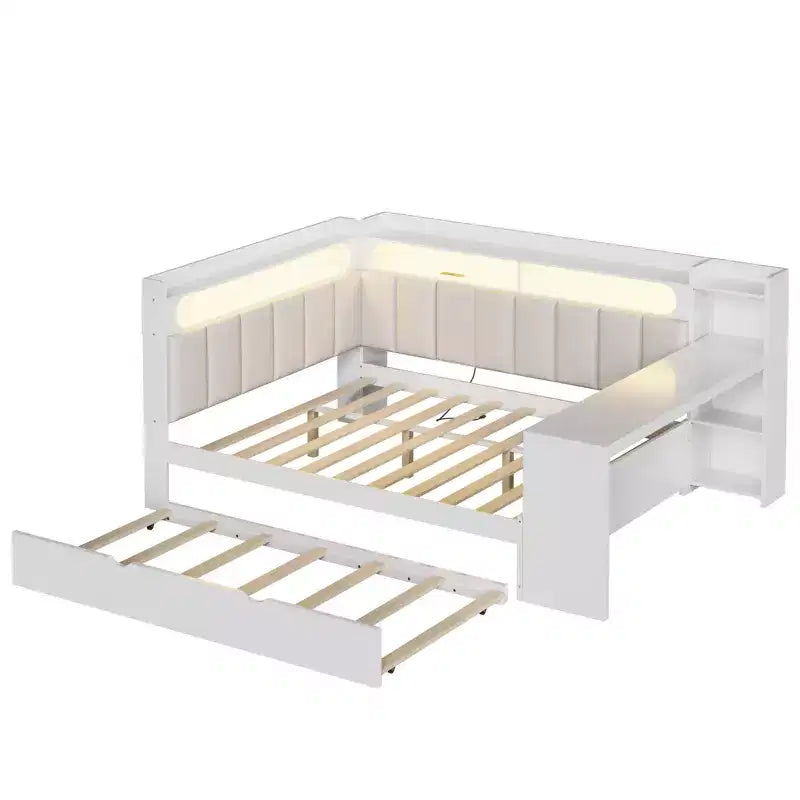 Letto a giorno angolare full size con ripiani contenitori e letto estraibile, letto angolare in legno con stazione di ricarica e luce LED, scrivania e testiera e schienale imbottiti