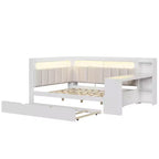 Letto a giorno angolare full size con ripiani contenitori e letto estraibile, letto angolare in legno con stazione di ricarica e luce LED, scrivania e testiera e schienale imbottiti